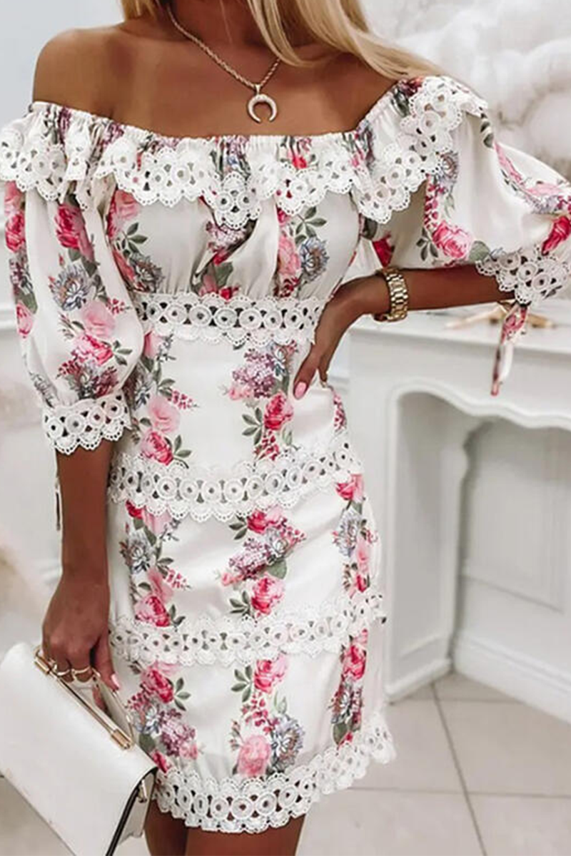 Stilla | Mode Print Split Joint Off Shoulder Kage Nederdele Kjoler