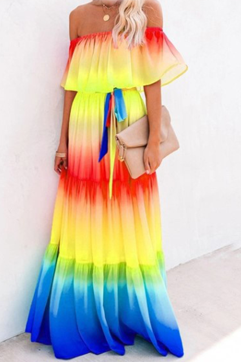 Stilla | Mode Gradual Change Flounce Off the Shoulder Kage Nederdele Kjoler