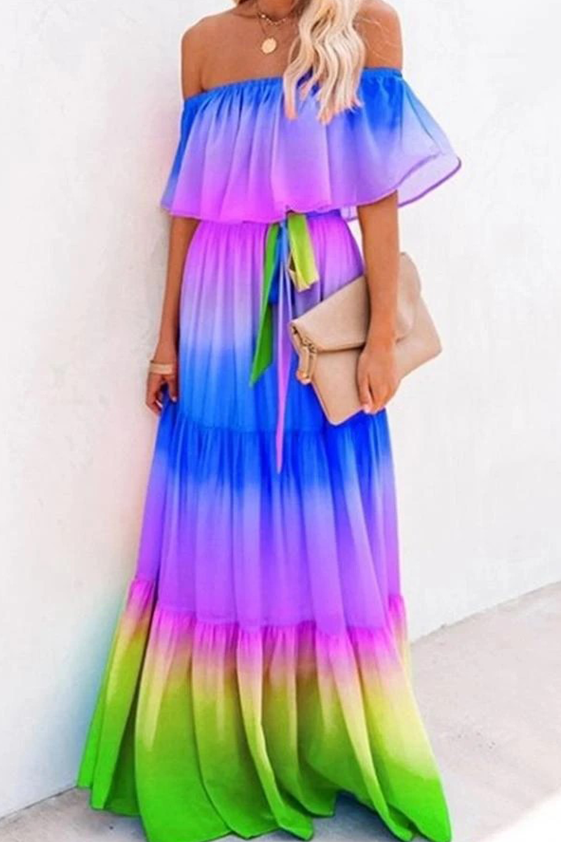 Stilla | Mode Gradual Change Flounce Off the Shoulder Kage Nederdele Kjoler