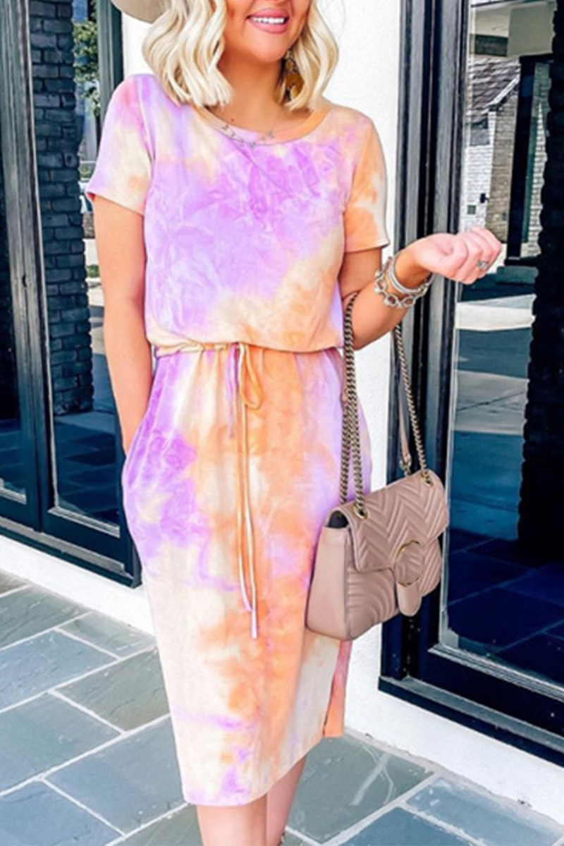 Stilla | Afslappet Patchwork Tie Dye O-hals Talje Nederdel Kjoler