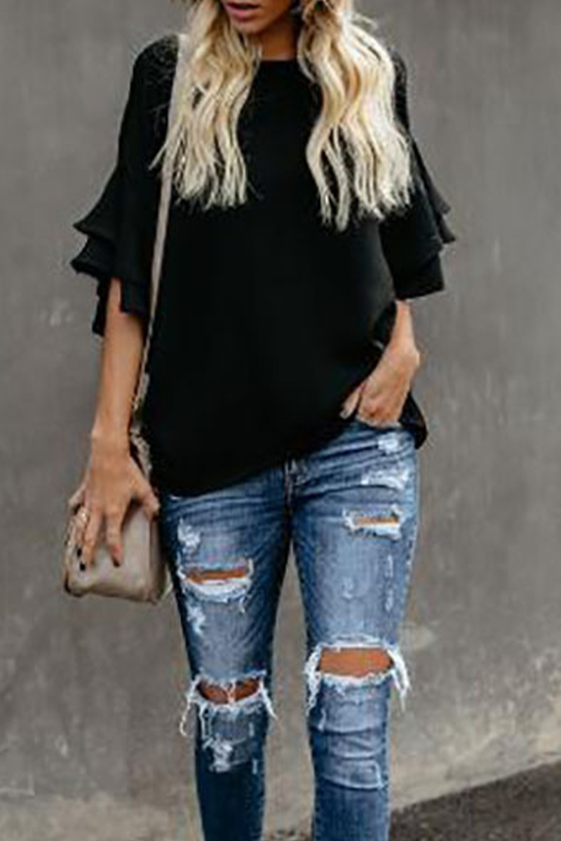 Stilla | Ensfarvede Casual T-shirts Med Flæser