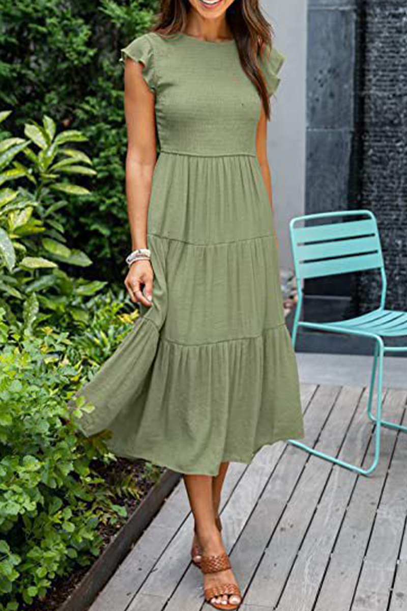 Stilla | Mode Solid Flounce O-hals Kage Nederdele Kjoler