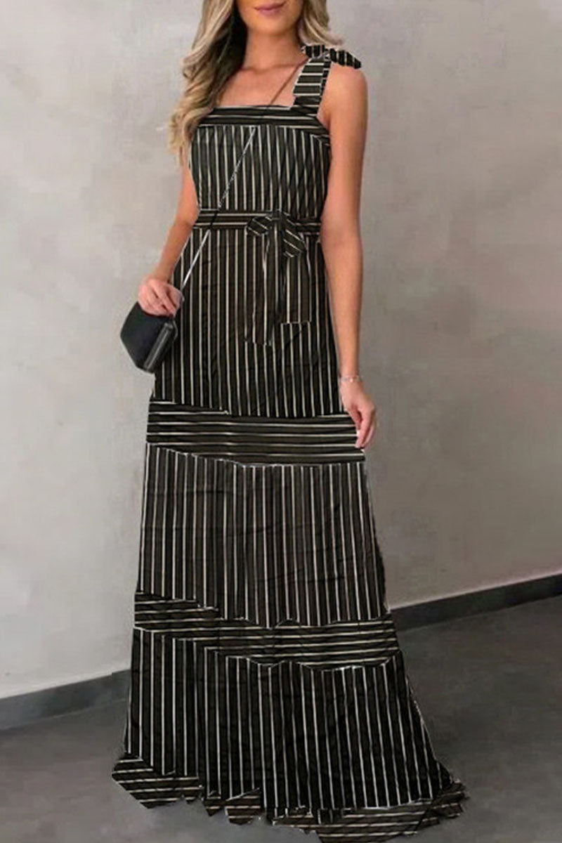 Stilla | Sexet Afslappet Stribet Bandage Patchwork Spaghetti Strop Plisserede Kjoler
