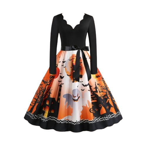 Stilla | Halloween kjole med hel nederdel og silhuet print