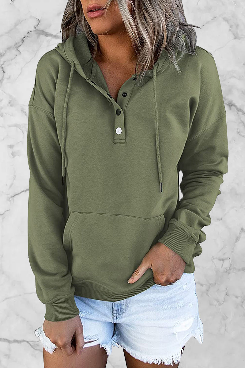 Stilla | Lækker Hoodie med Enfarvede Knapper og V-hals