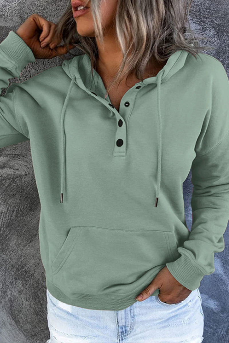 Stilla | Lækker Hoodie med Enfarvede Knapper og V-hals