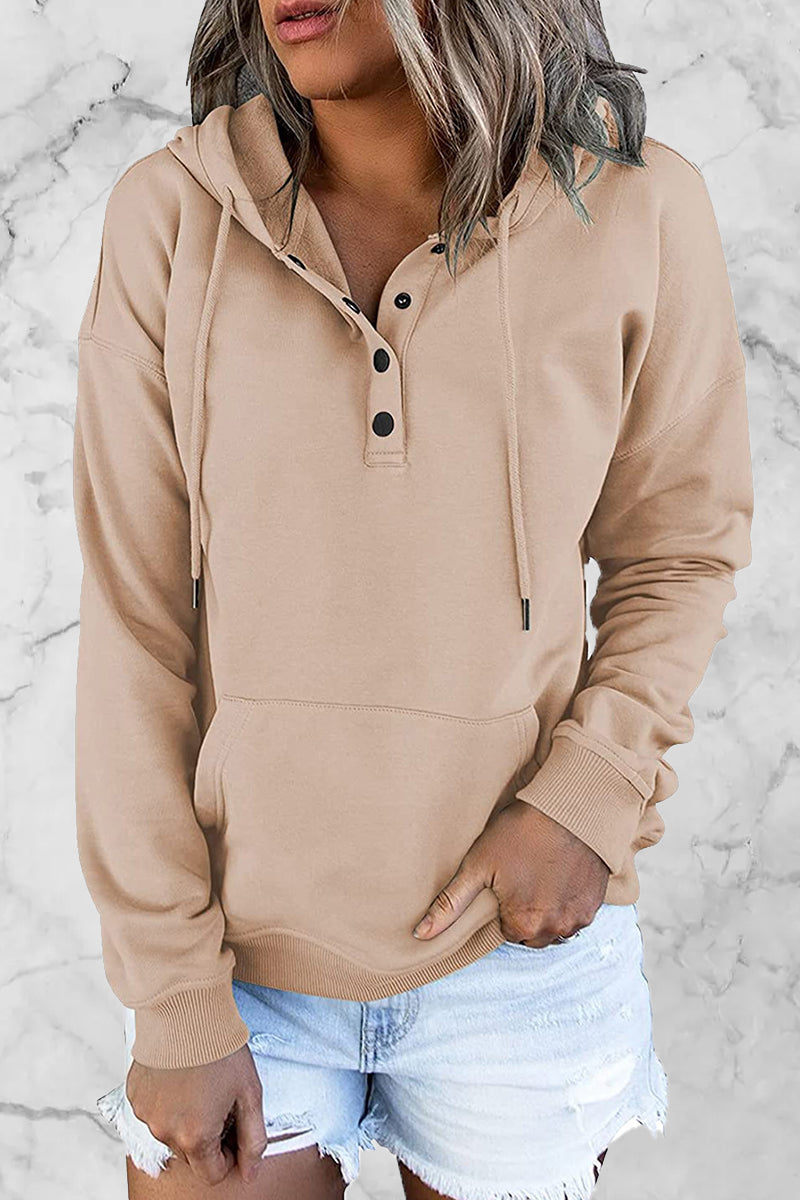 Stilla | Lækker Hoodie med Enfarvede Knapper og V-hals