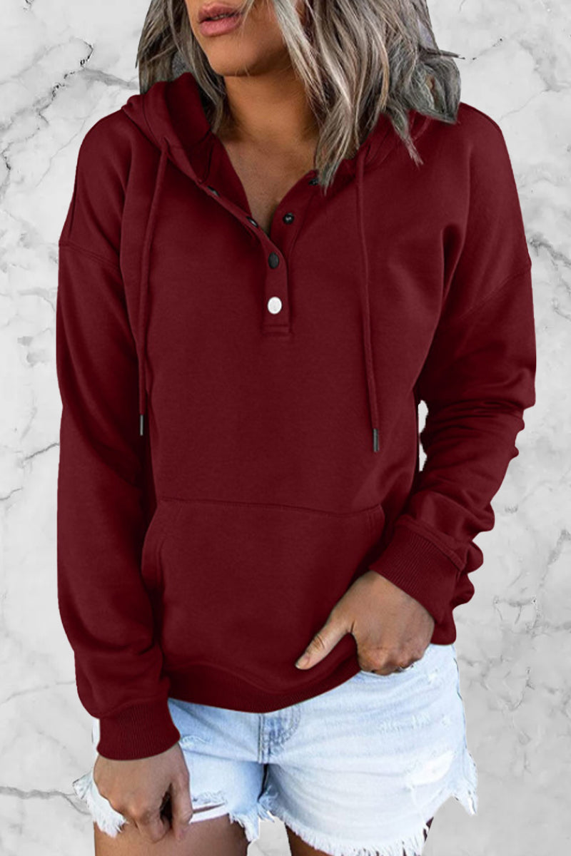 Stilla | Lækker Hoodie med Enfarvede Knapper og V-hals