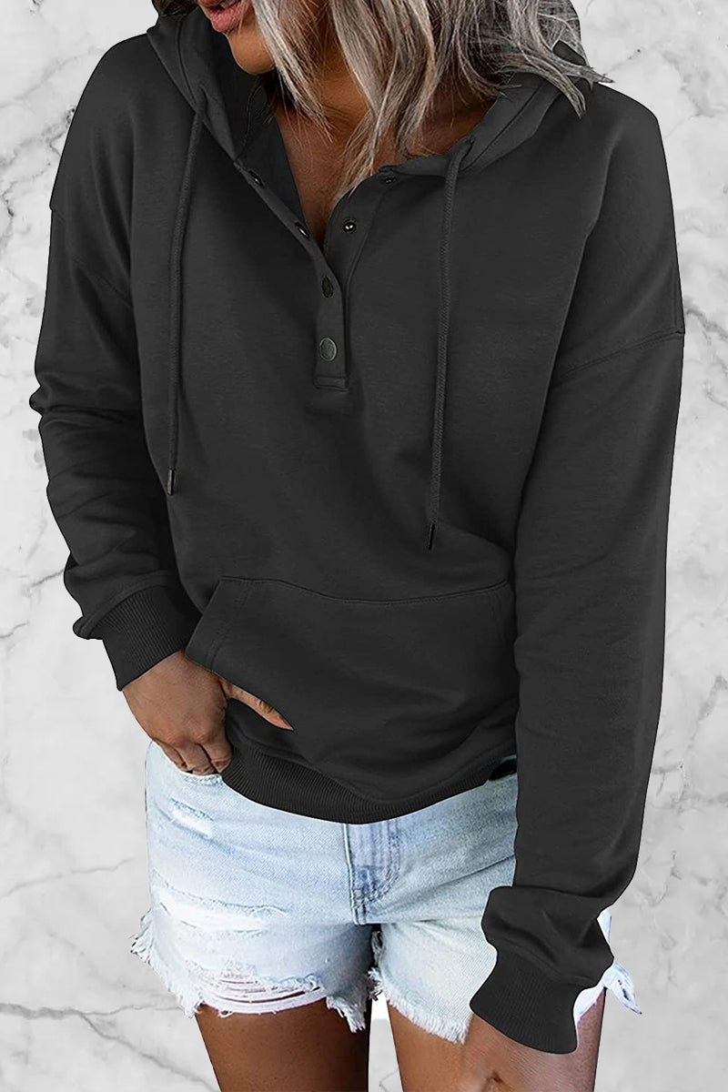 Stilla | Lækker Hoodie med Enfarvede Knapper og V-hals