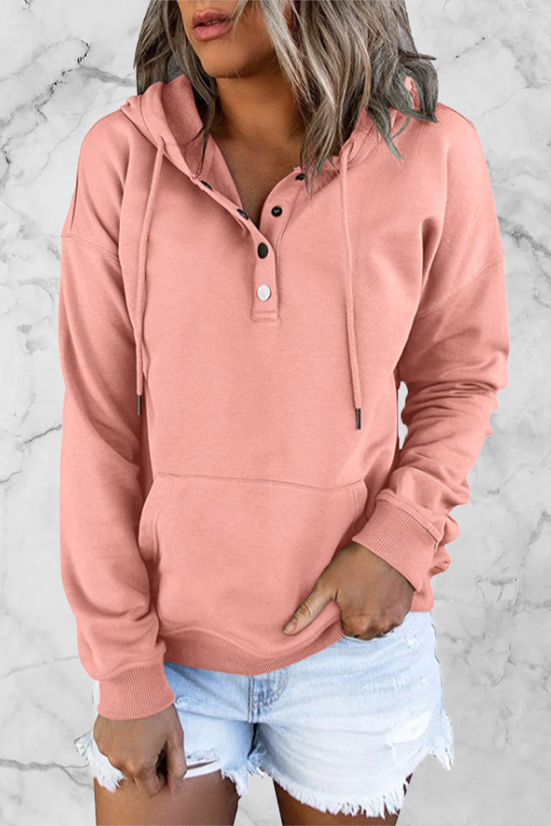 Stilla | Lækker Hoodie med Enfarvede Knapper og V-hals