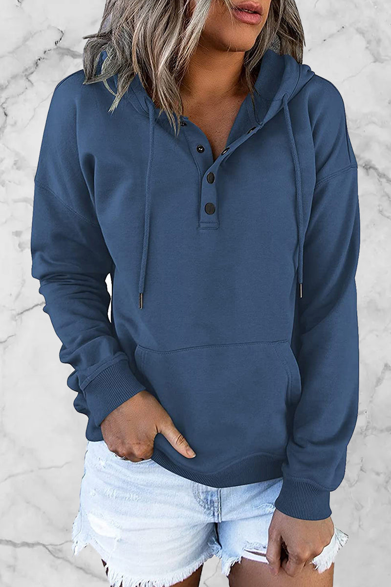 Stilla | Lækker Hoodie med Enfarvede Knapper og V-hals