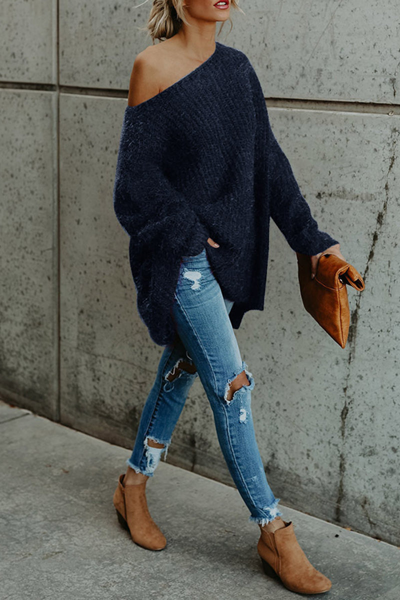 Stilla | Ensfarvede Casual Sweaters Med Skrå Krave