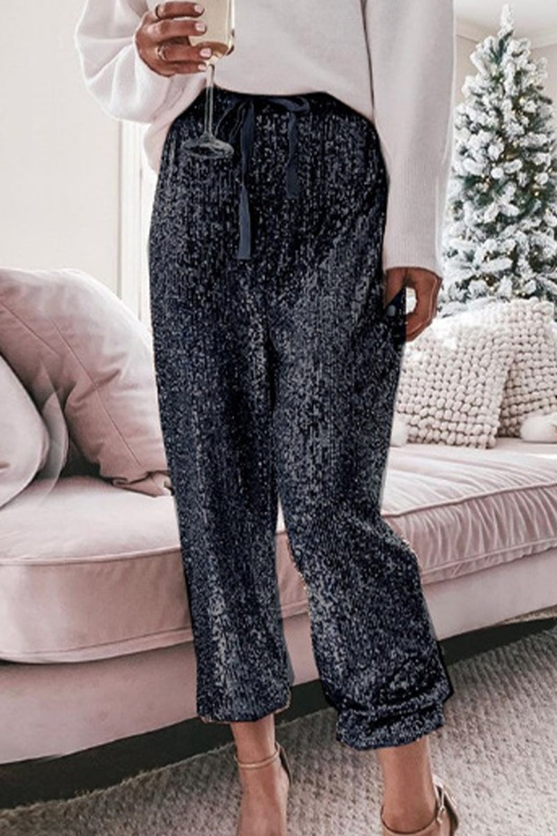 Stilla | Simplicity Solid Pailletter Flounce Straight Høj Talje Harlan Patchwork Bukser