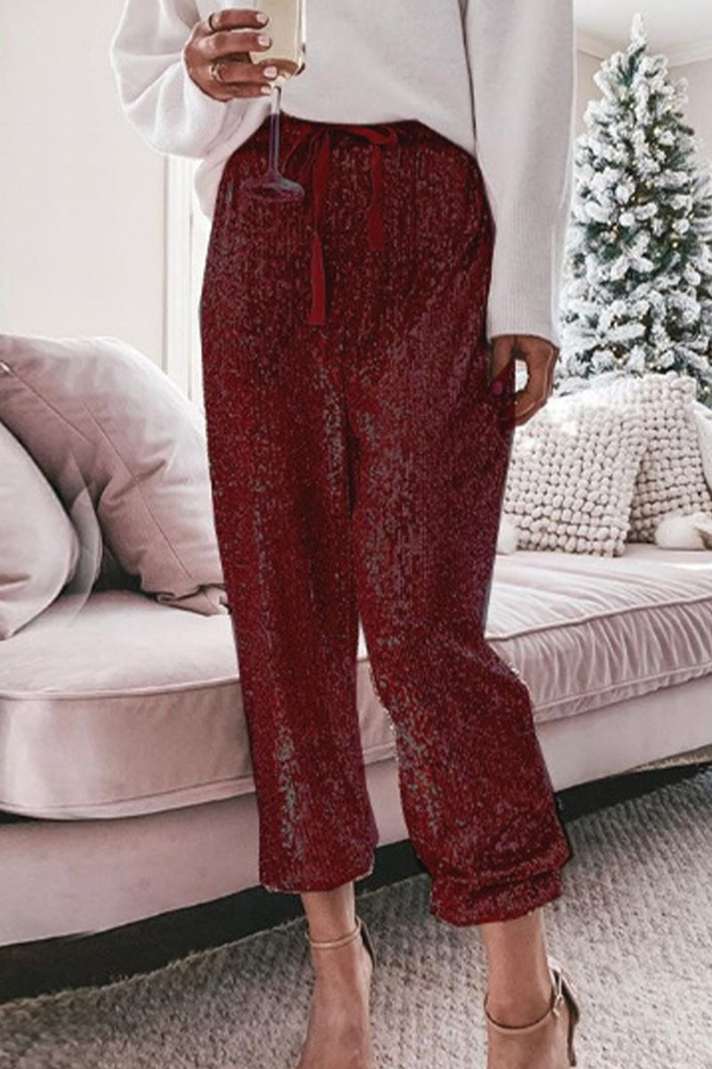 Stilla | Simplicity Solid Pailletter Flounce Straight Høj Talje Harlan Patchwork Bukser
