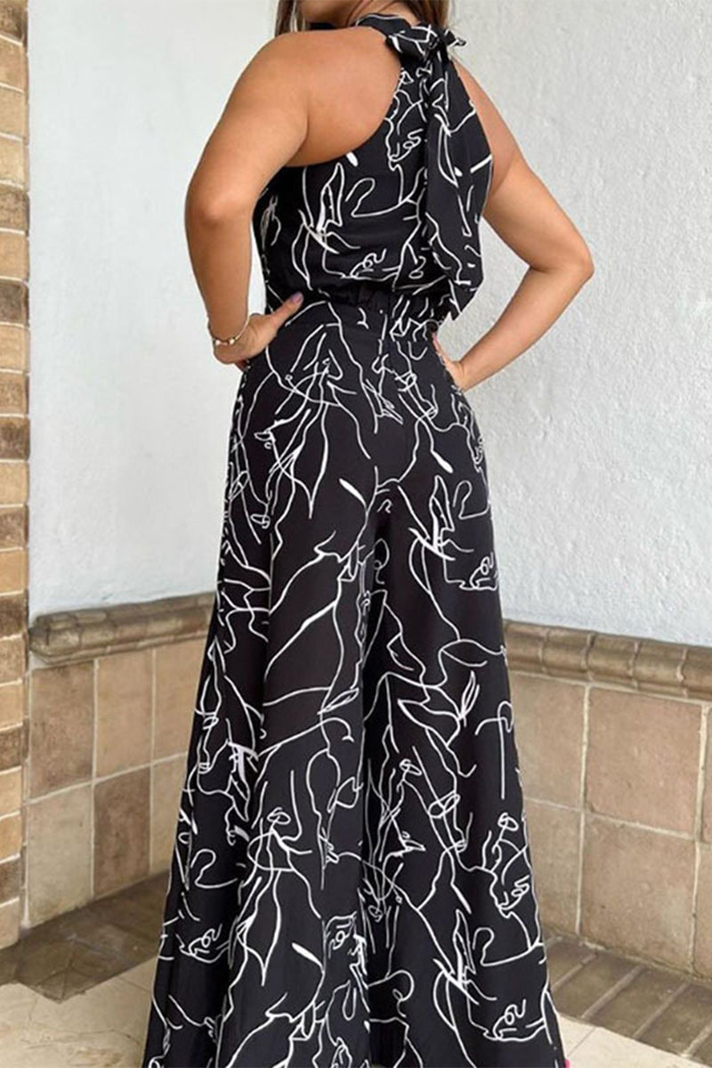 Stilla | Afslappet Simplicity Print Patchwork Frenulum Halter Loose Jumpsuits