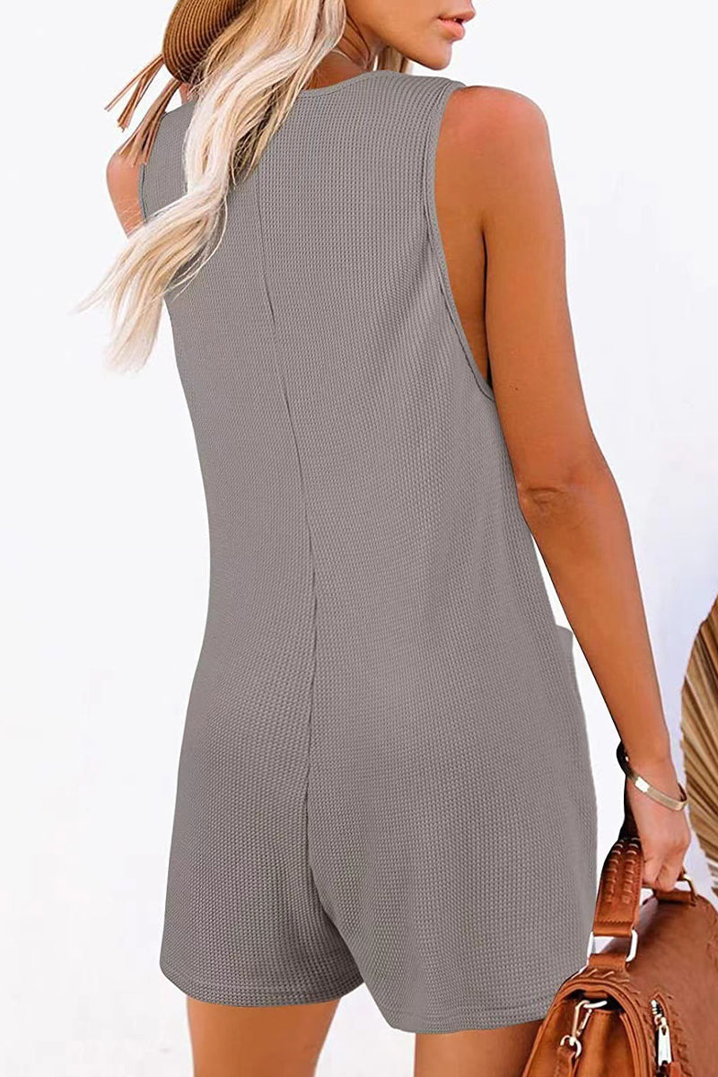 Stilla | Afslappet Street Solid Pocket Knapper V-hals Løs Jumpsuit