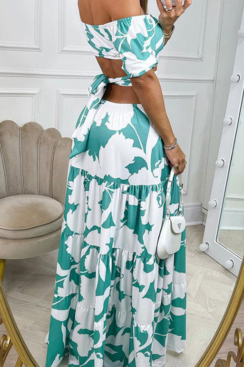 Stilla | Sexet Elegant Print Frenulum Off the Shoulder Printed Kjoler