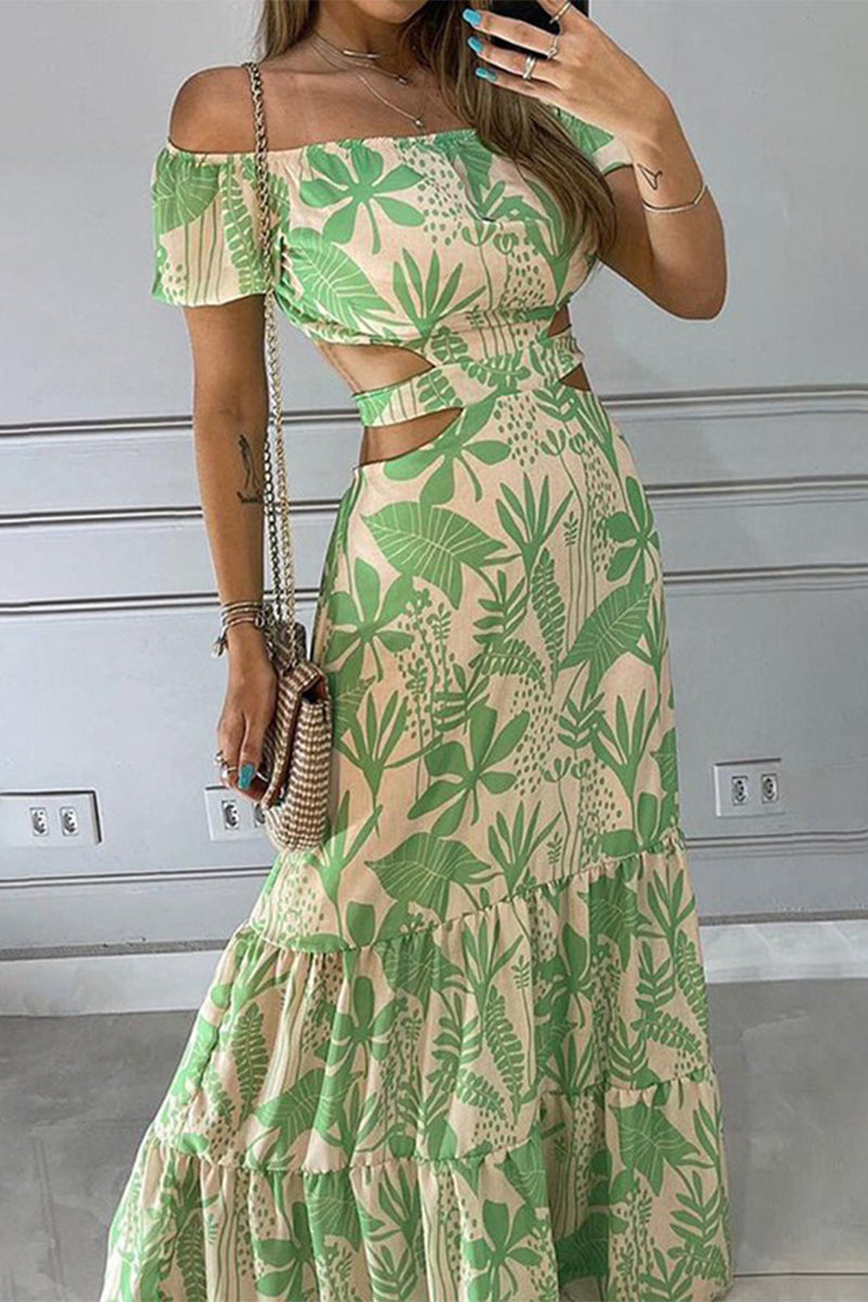 Stilla | Sexet Elegant Print Frenulum Off the Shoulder Printed Kjoler