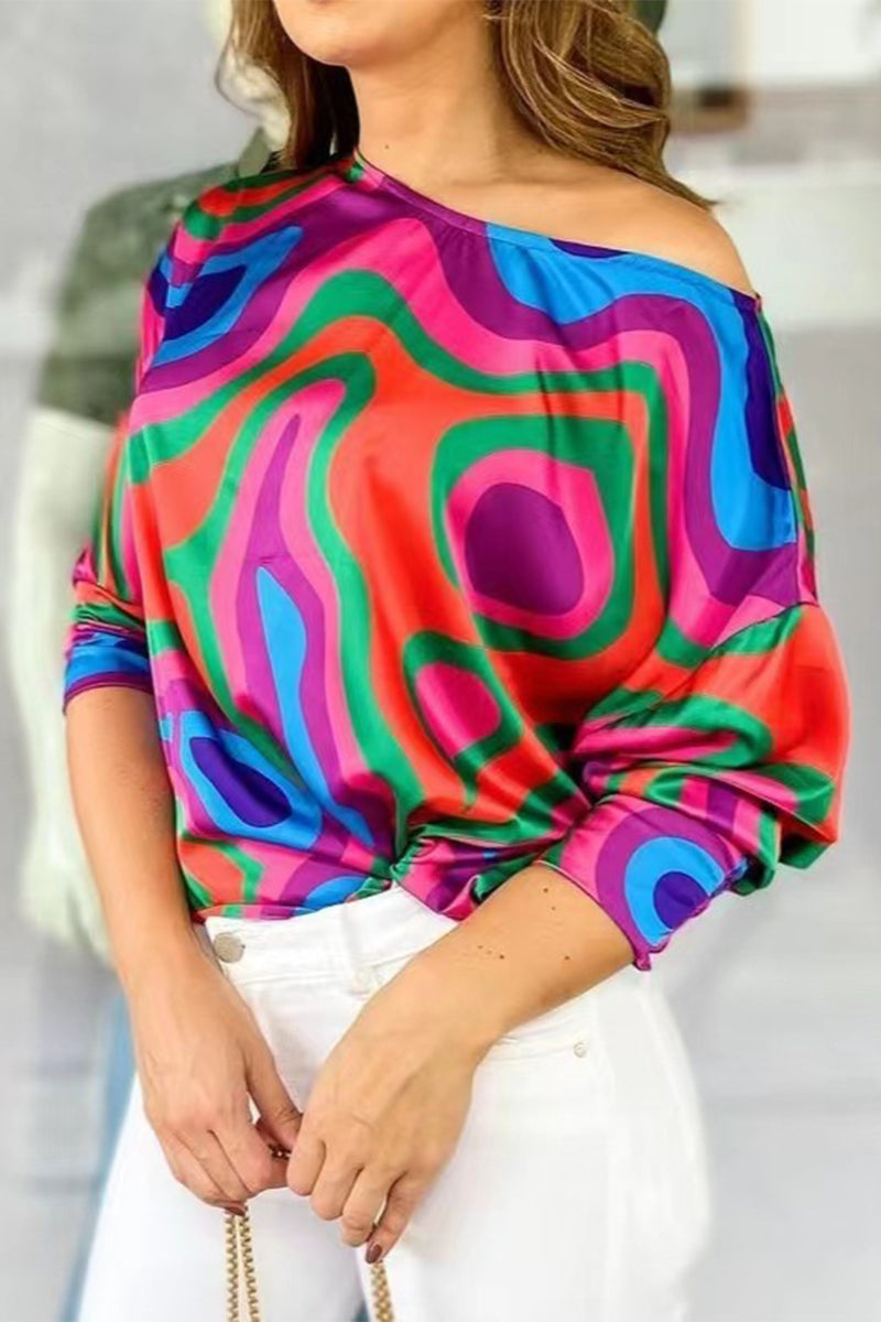 Stilla | Arbejde Elegant Print Patchwork Skrå Krave T-shirts