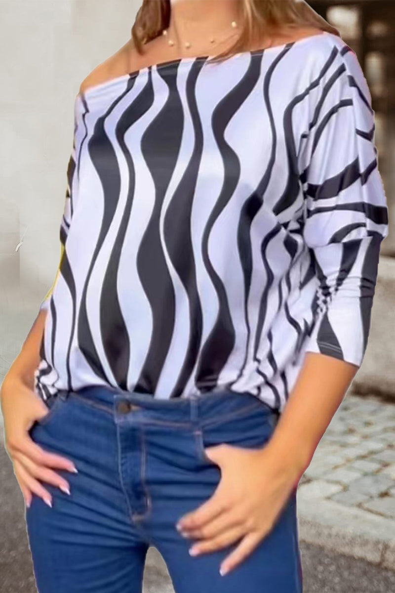 Stilla | Arbejde Elegant Print Patchwork Skrå Krave T-shirts