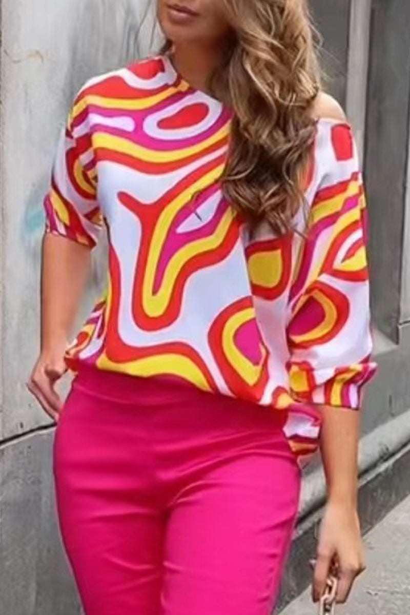 Stilla | Arbejde Elegant Print Patchwork Skrå Krave T-shirts
