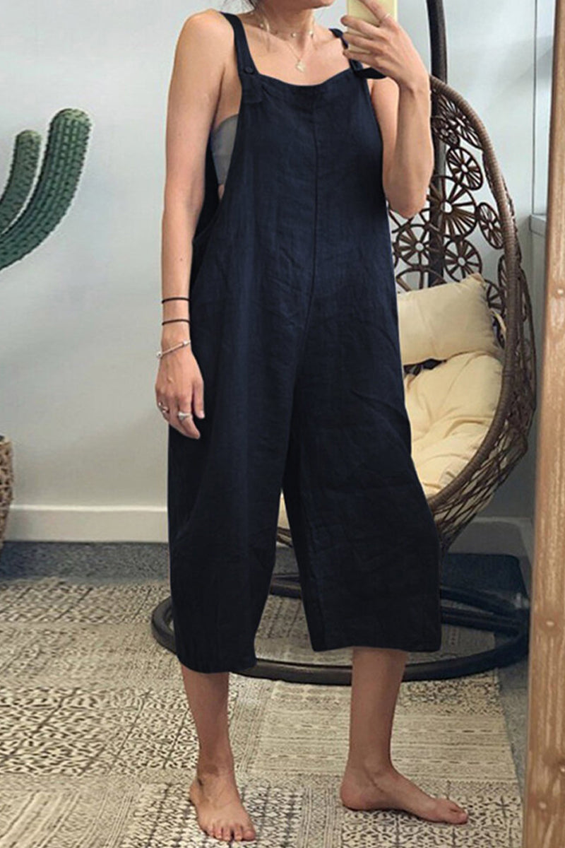 Stilla | Afslappet Simplicitet Solid Patchwork Kvadratisk Krave Løs Jumpsuit