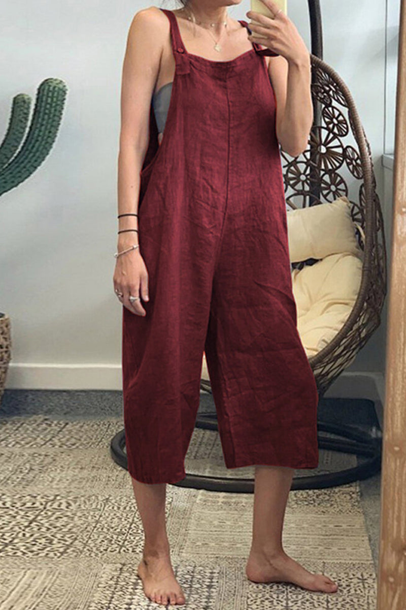 Stilla | Afslappet Simplicitet Solid Patchwork Kvadratisk Krave Løs Jumpsuit