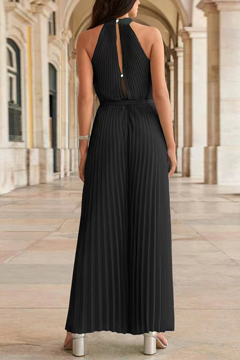Stilla | Afslappet Simplicity Solid Frenulum Fold Halter Loose Jumpsuits