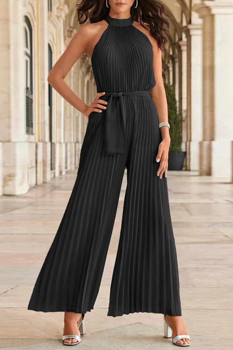 Stilla | Afslappet Simplicity Solid Frenulum Fold Halter Loose Jumpsuits
