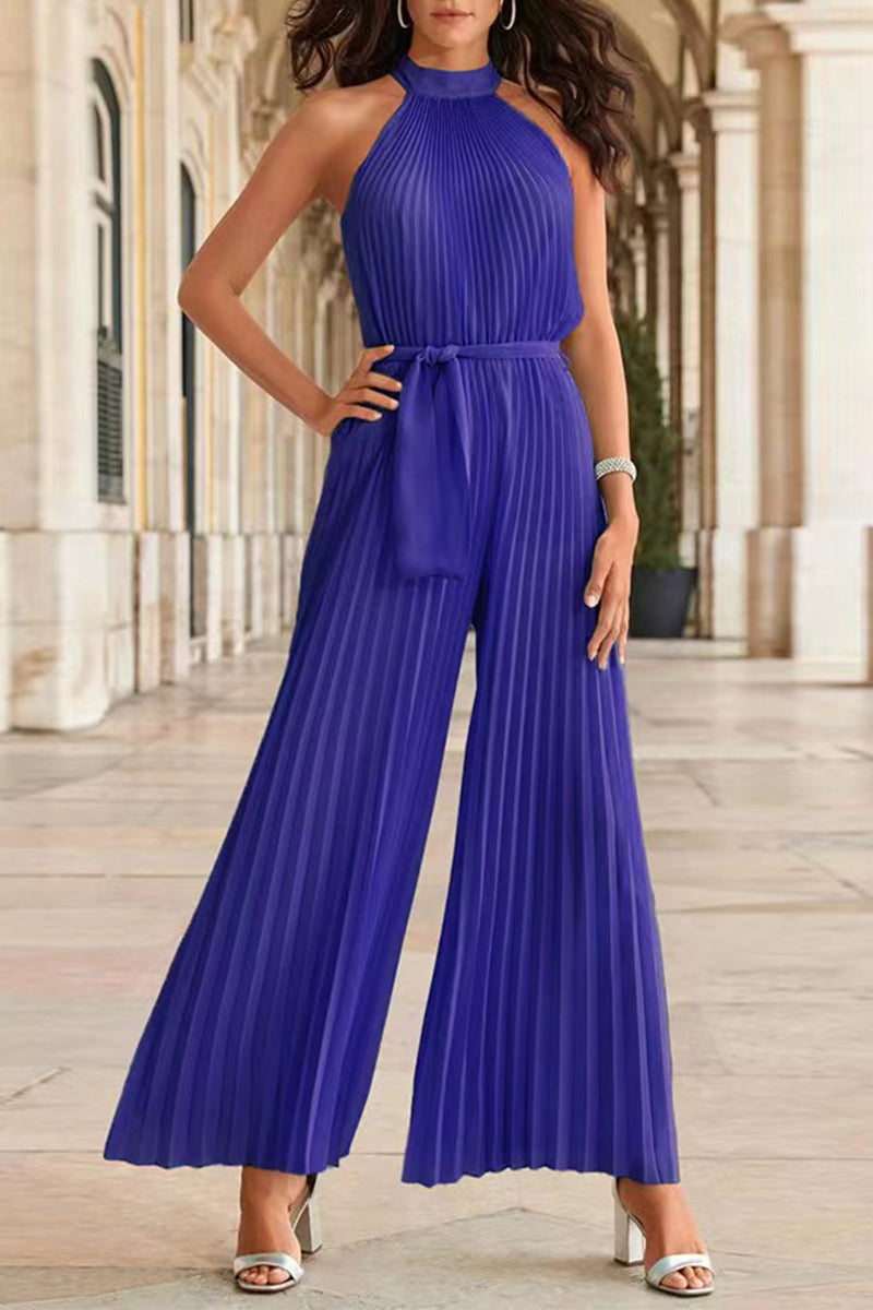 Stilla | Afslappet Simplicity Solid Frenulum Fold Halter Loose Jumpsuits