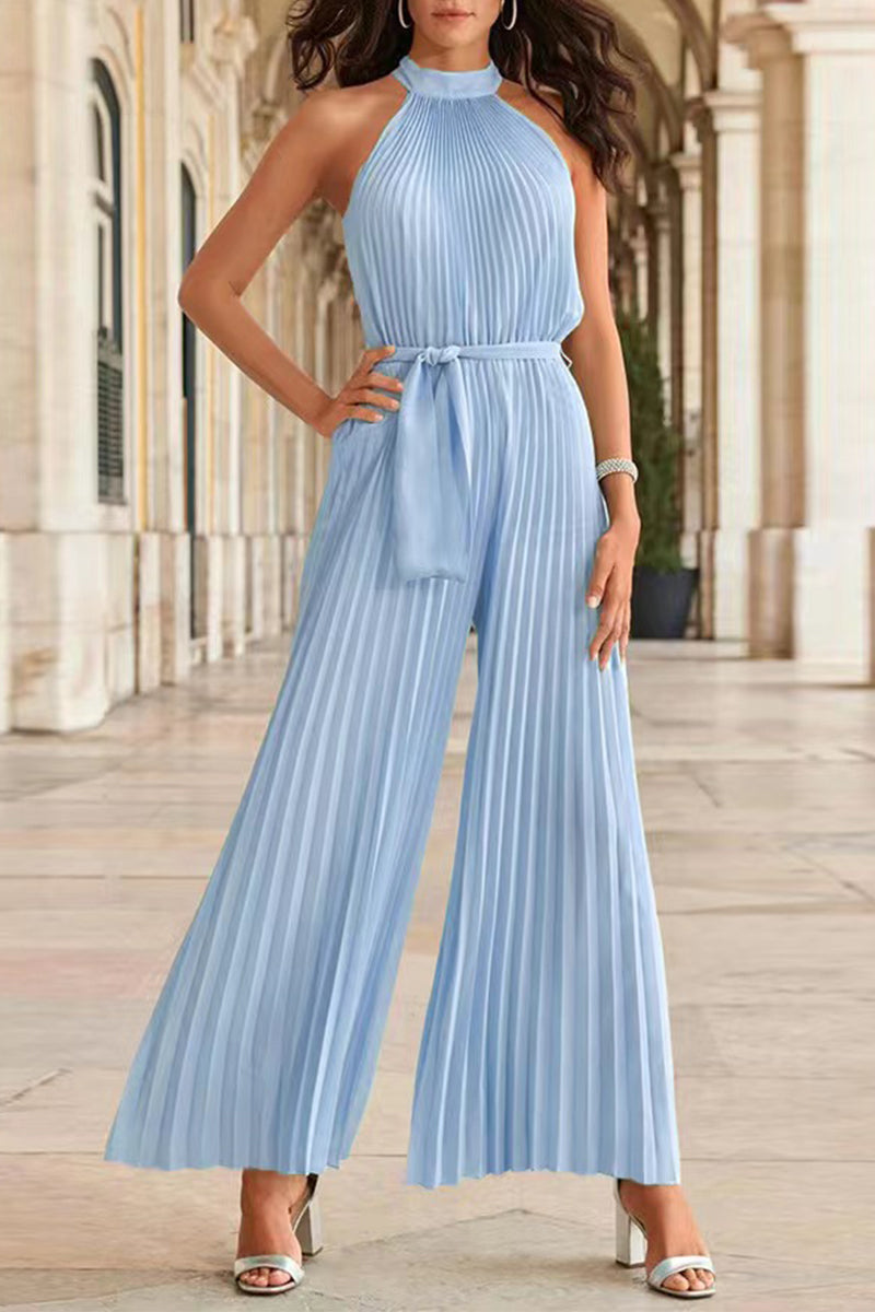 Stilla | Afslappet Simplicity Solid Frenulum Fold Halter Loose Jumpsuits