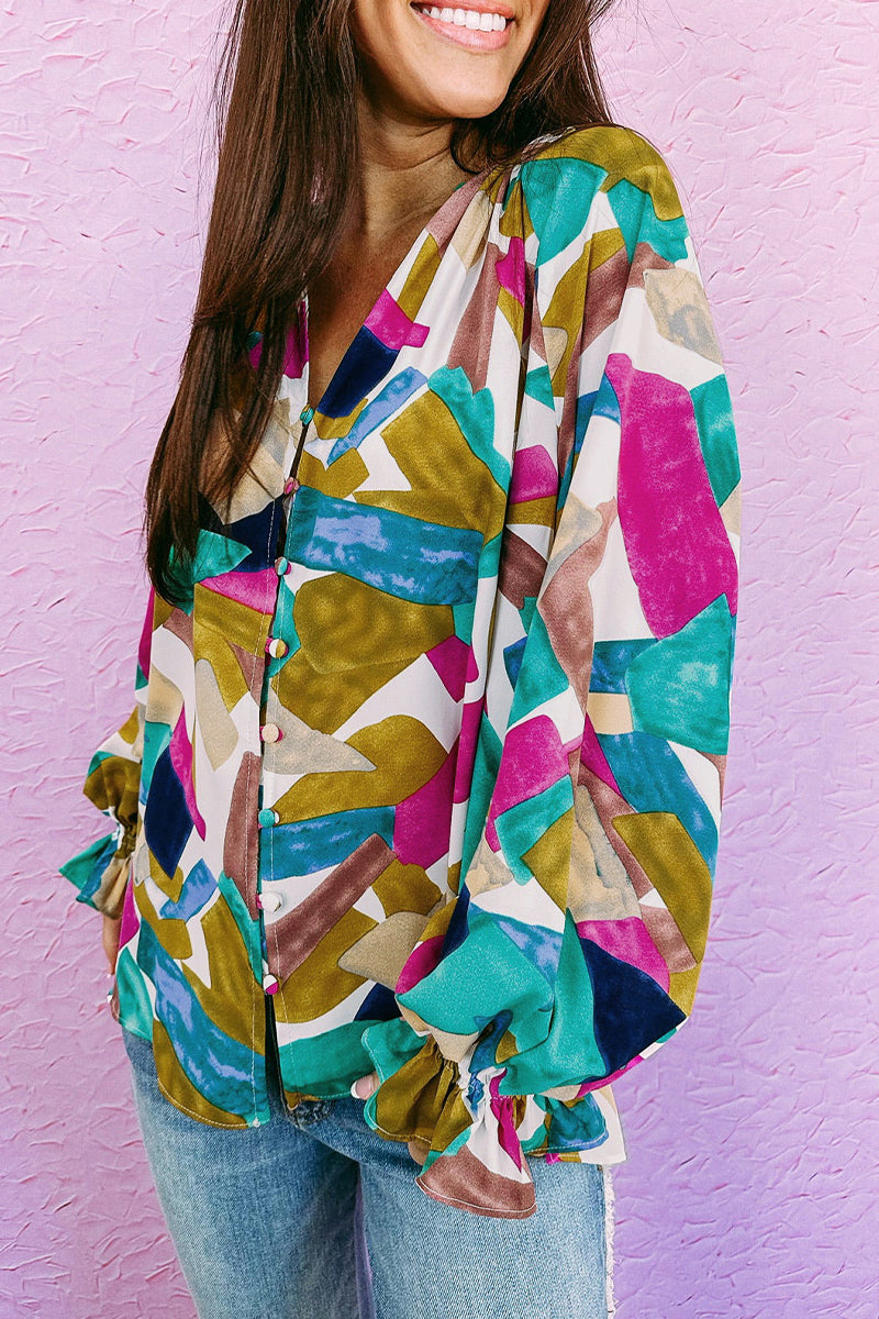 Stilla | Afslappet Arbejde Print Patchwork V-hals Bluser