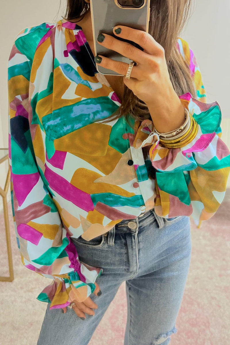 Stilla | Afslappet Arbejde Print Patchwork V-hals Bluser