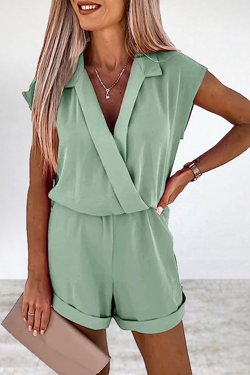 Stilla | Afslappet Ensfarvet V-hals Løs Jumpsuit