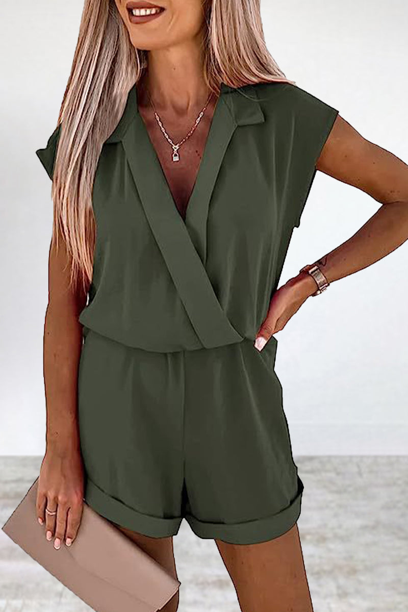 Stilla | Afslappet Ensfarvet V-hals Løs Jumpsuit
