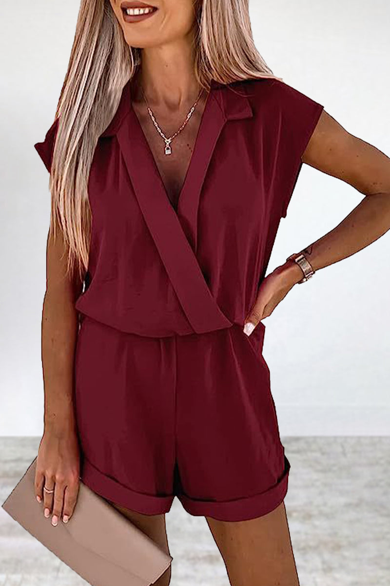Stilla | Afslappet Ensfarvet V-hals Løs Jumpsuit