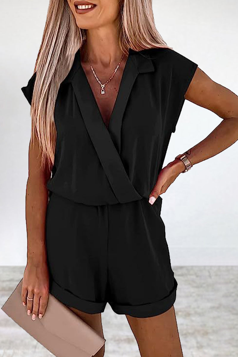 Stilla | Afslappet Ensfarvet V-hals Løs Jumpsuit