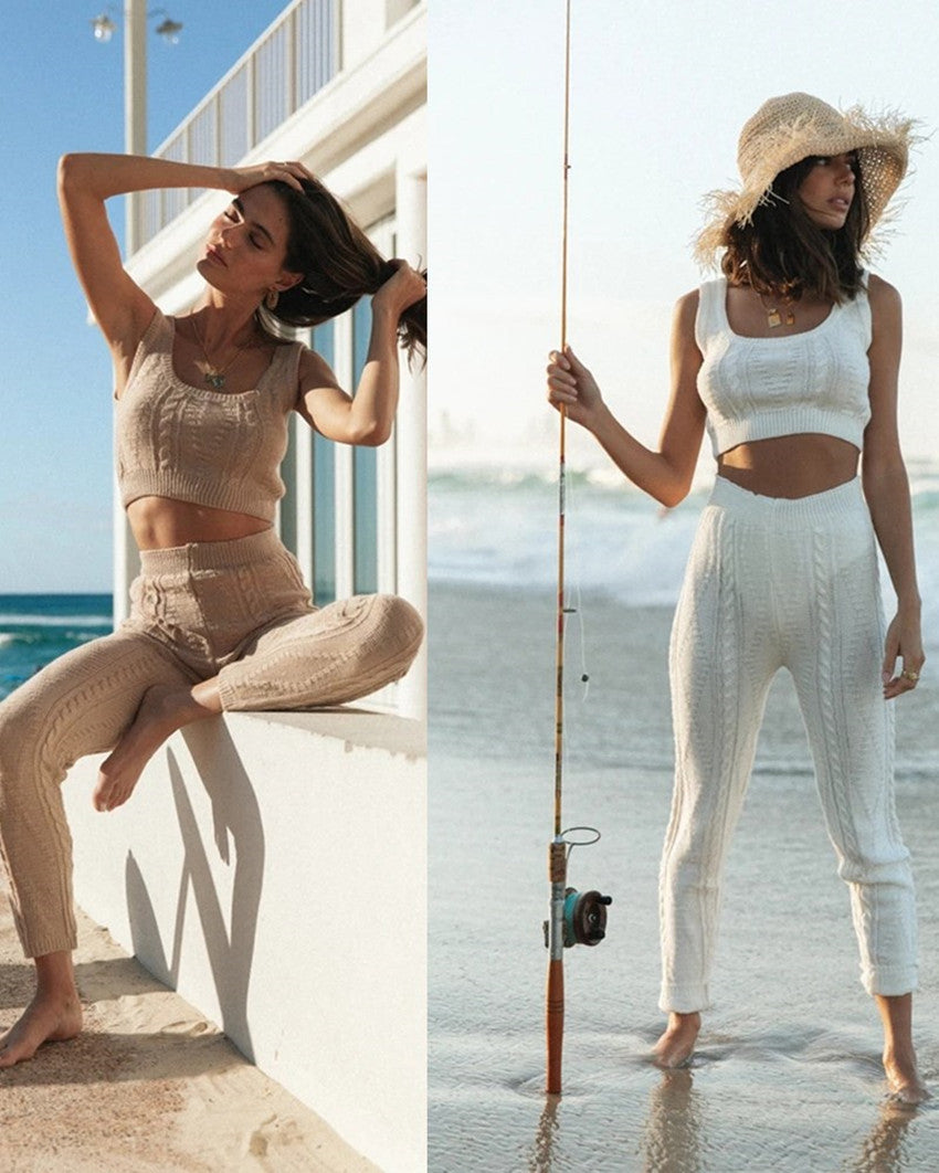 Dame strik sæt med crop-top og høj talje Stilla