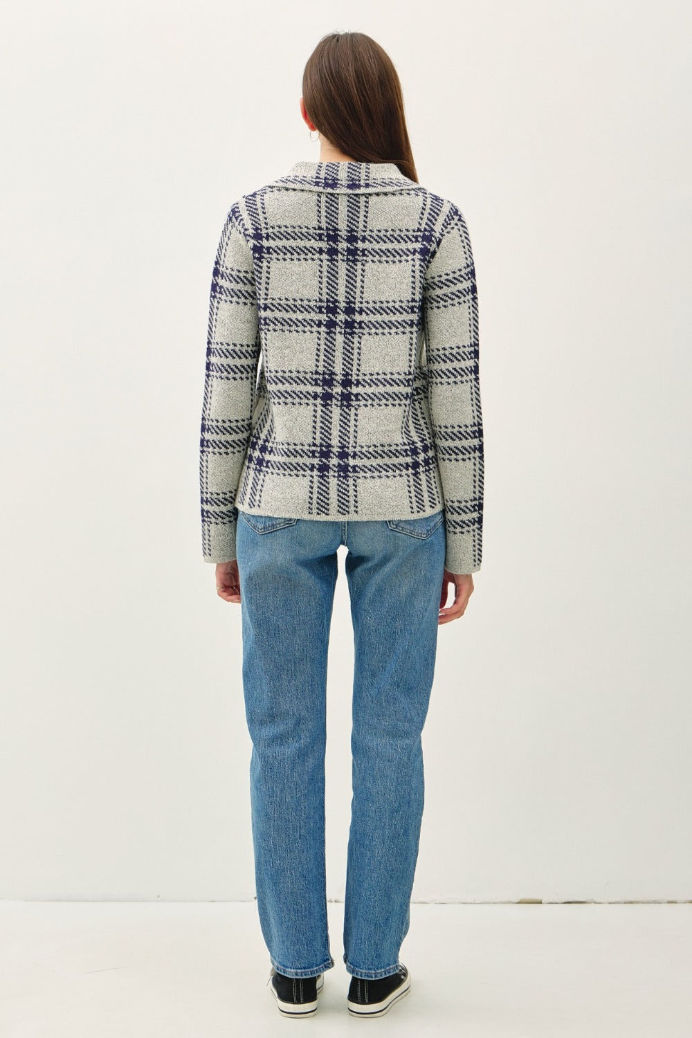 Stilla | Cool Plaid Langærmet Sweaterjakke med Foran Patcheslommer