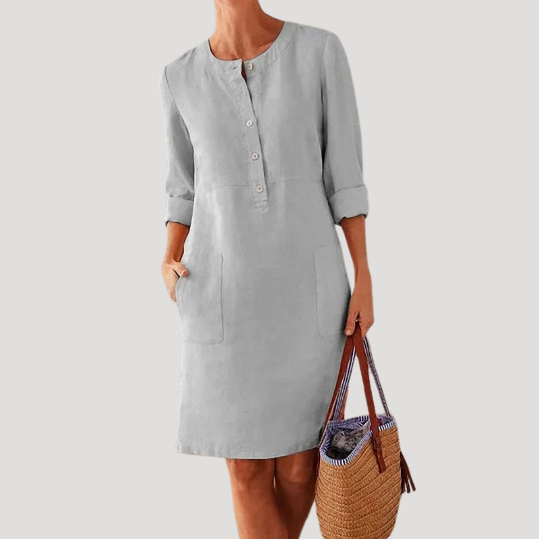 Stilla | Kvinders Linned Knap up Afslappet Sommer Shift Kjole Midi