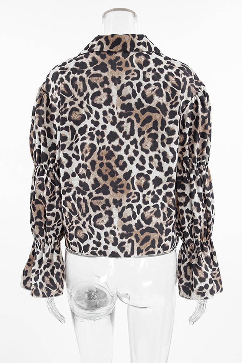 Stilla | Løs Leopard Print Bluser Med Snore og Omslaget Krave