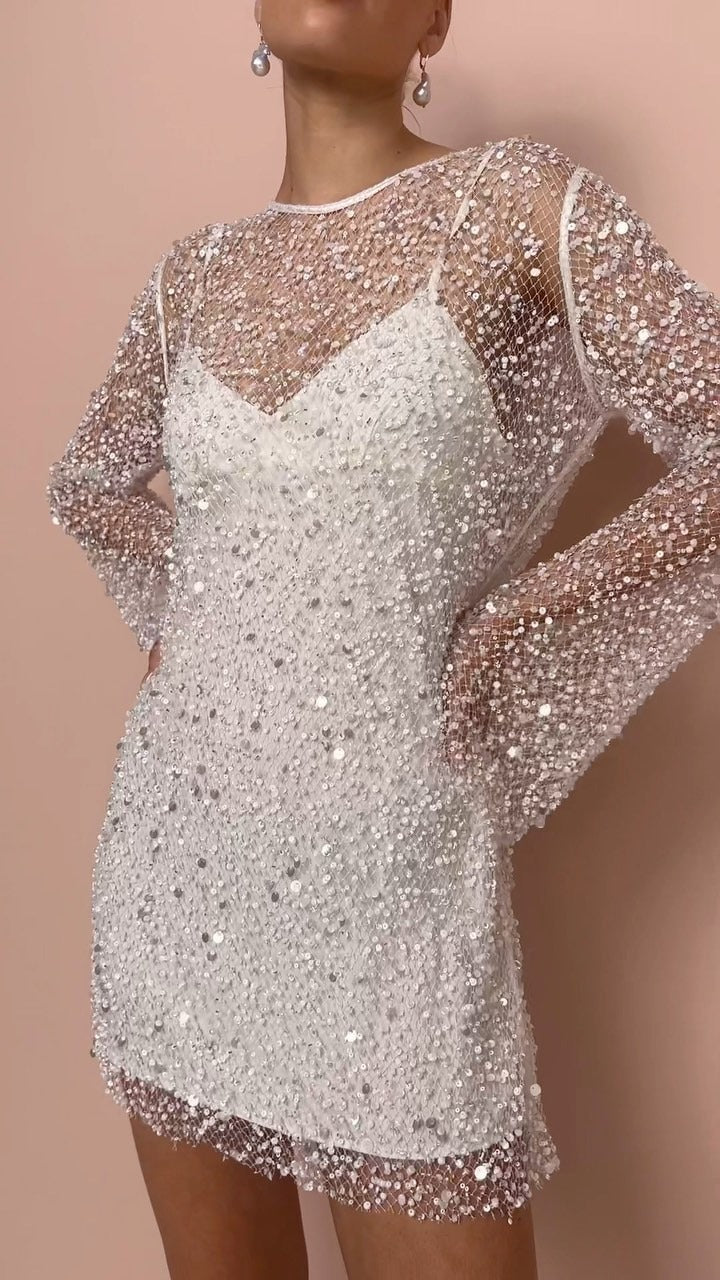 Stilla | Elegant to-delt mesh kjole med perler til specialle lejligheder