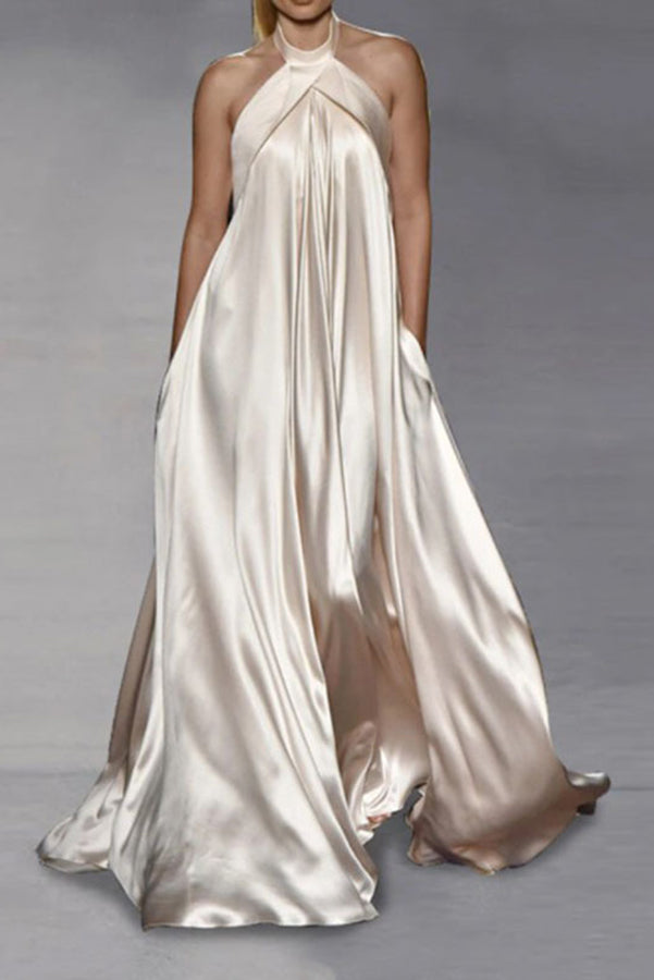 Stilla | Bijou Satin Halterneck Aften Fest Maxi Kjole
