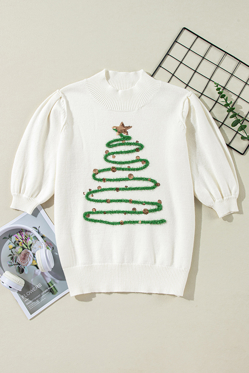 Stilla | Løs rullekrave sweater med patchwork af juletræ pailletter