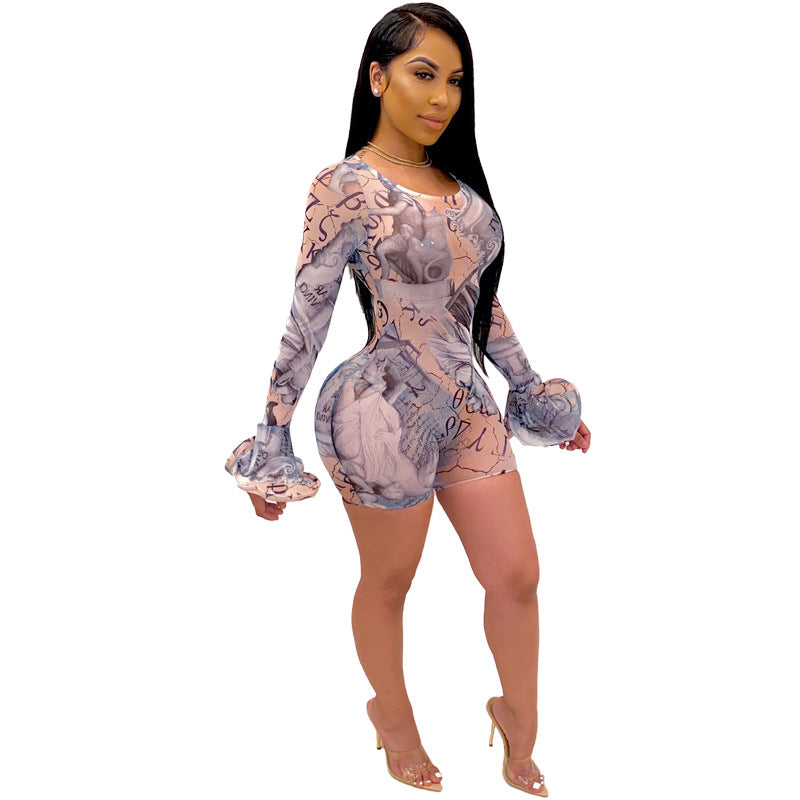 Dame figursyet jumpsuit med lange ærmer og kreativt trykdesign Stilla