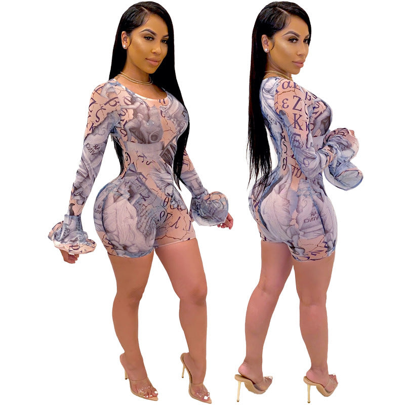 Dame figursyet jumpsuit med lange ærmer og kreativt trykdesign Stilla