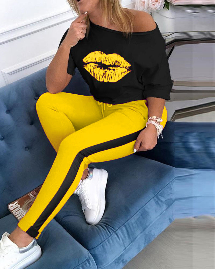 Dame Casual Grafik T-Shirt og Sport Leggings Sæt Stilla