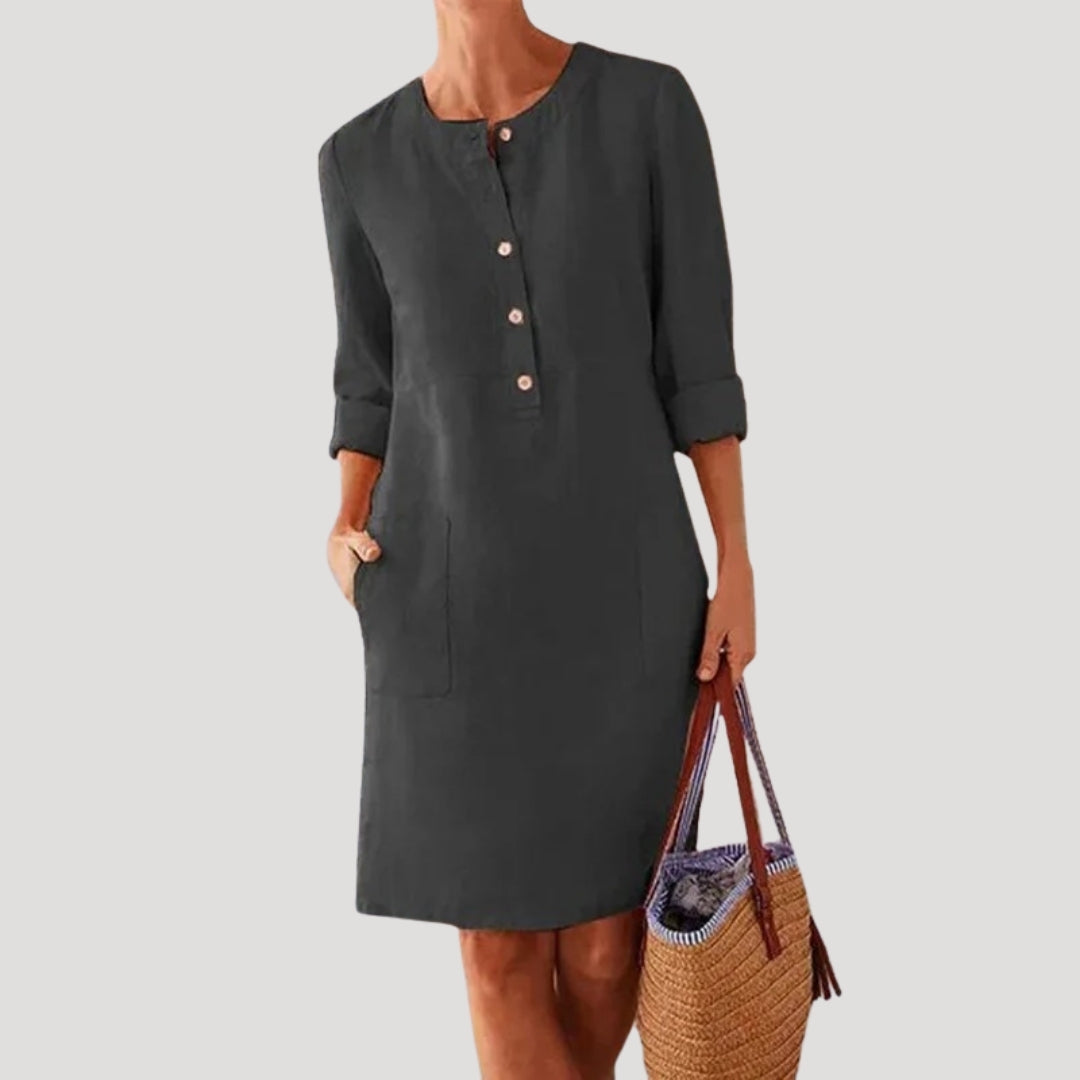 Stilla | Kvinders Linned Knap up Afslappet Sommer Shift Kjole Midi