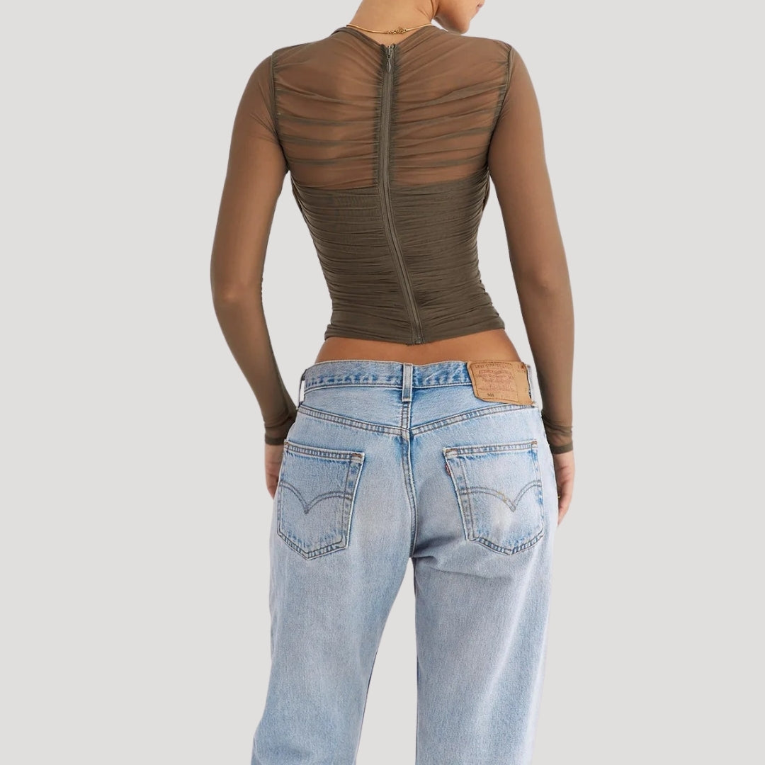 Stilla | Gennemsigtig Mesh Langærmet Wrap Top