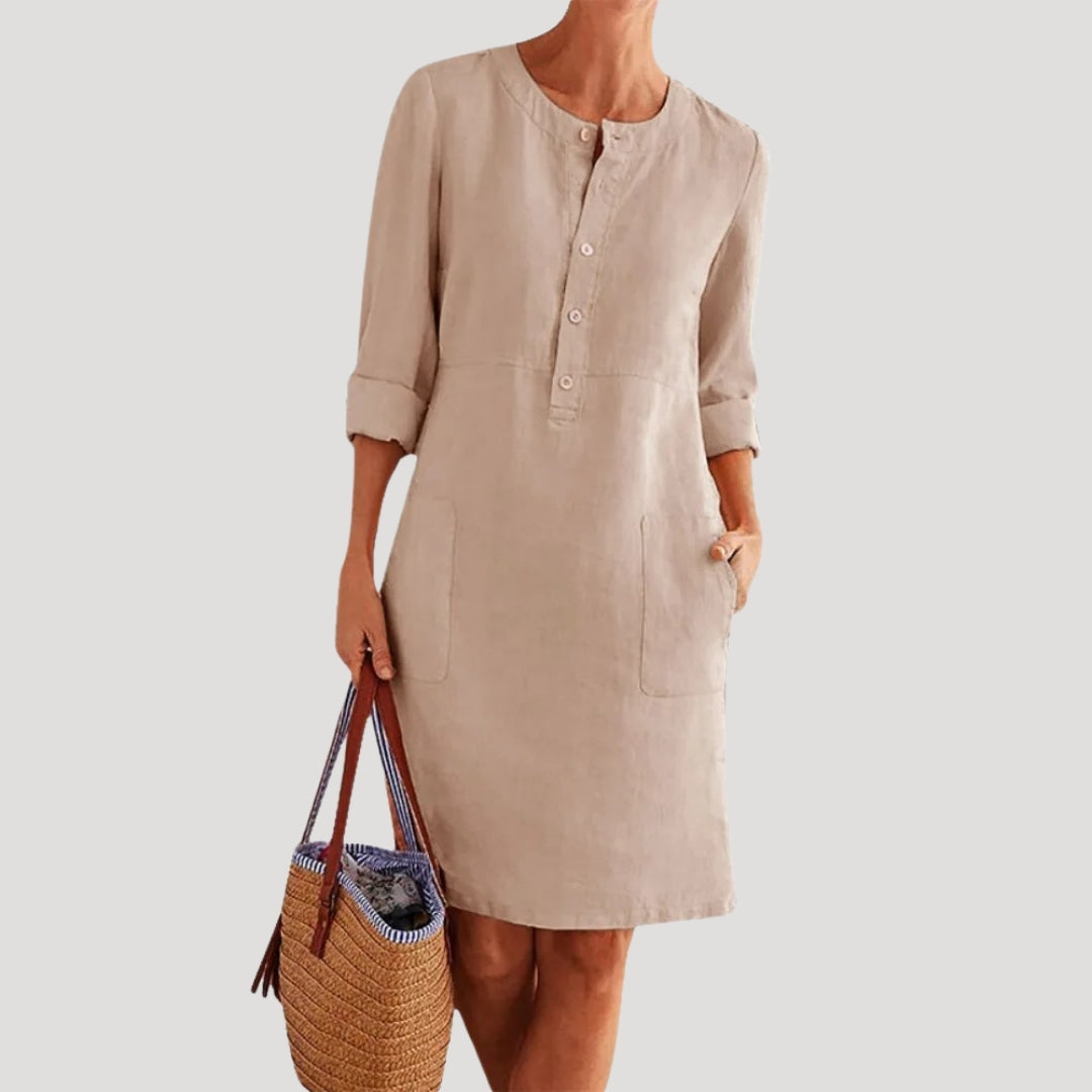 Stilla | Kvinders Linned Knap up Afslappet Sommer Shift Kjole Midi